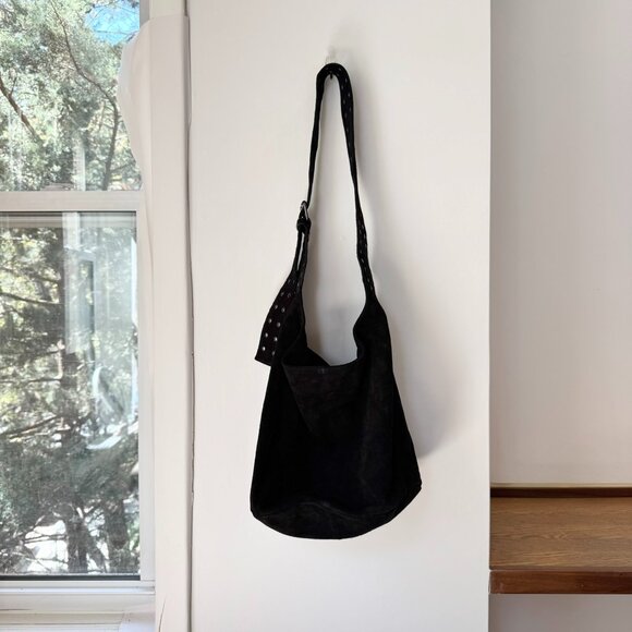 New Free People Sage Suede Bucket Tote Bag Black with Grommets - Picture 4 of 7